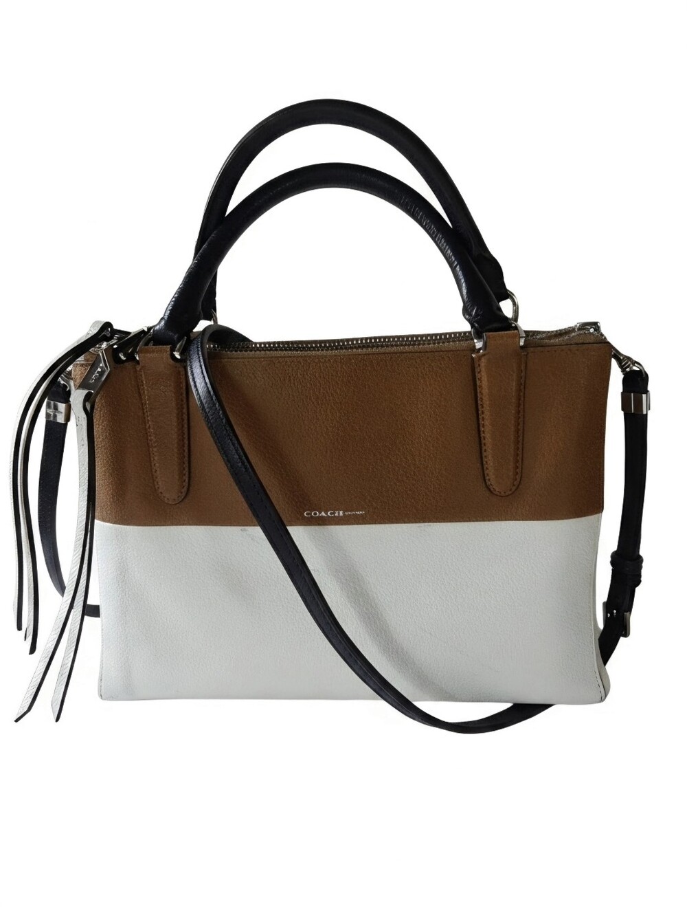 Coach Mini Borough Colorblock Tan and White Structured Tote Bag w/Navy Handles